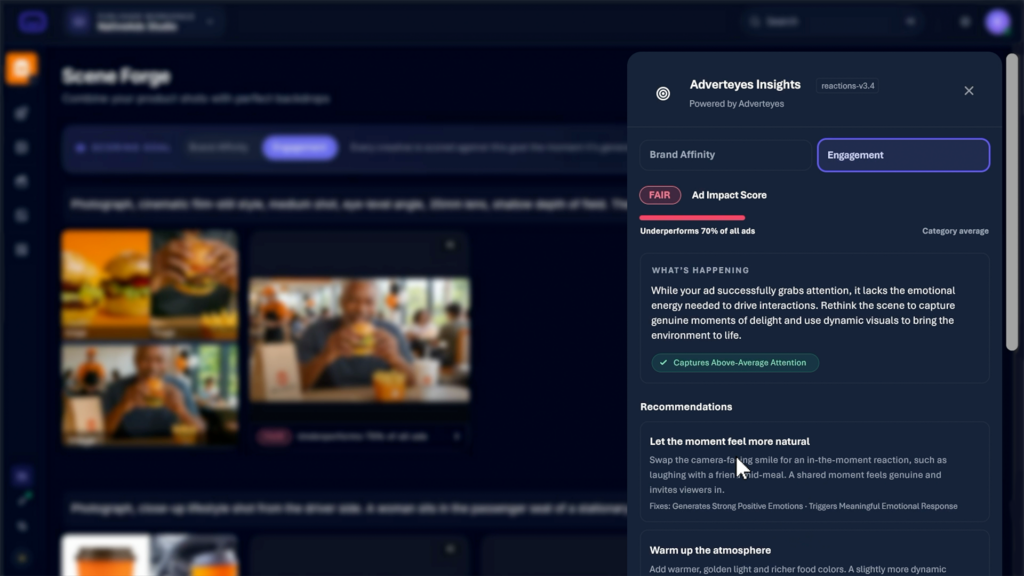 Adverteyes scoring and recommendations within NativeAds generative AI platform